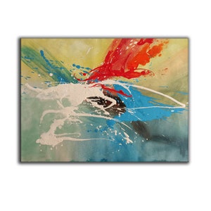 May include: Abstract painting with splashes of red, blue, white, and green paint on a yellow background.