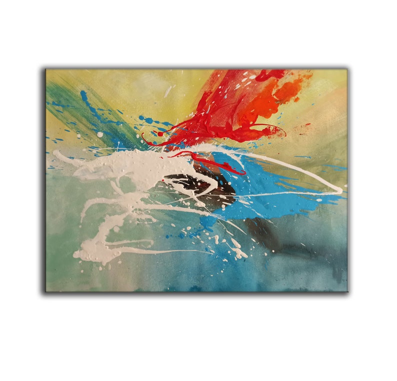 May include: Abstract painting with splashes of red, blue, white, and green paint on a yellow background.