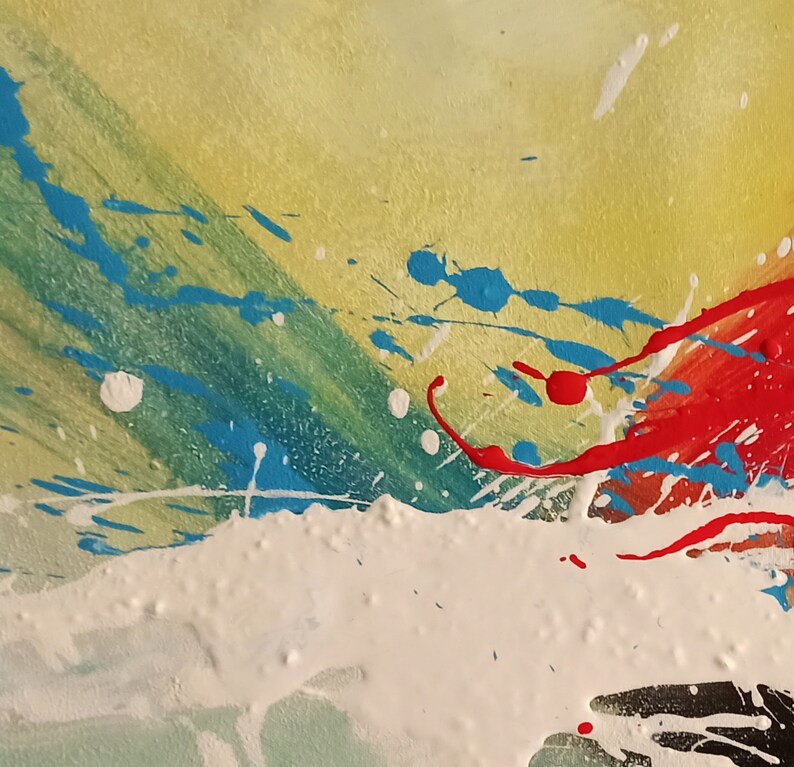 May include: Abstract painting with splashes of blue, red, white, and green paint on a yellow background.
