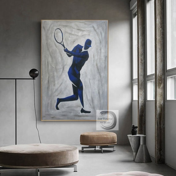 Original Abstract Sports Art – Handmade Textured Canvas Painting in Blue and Gray EM30