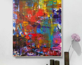 キャンバスに描かれたカラフルな絵画、オリジナルの抽象油絵、特大の
