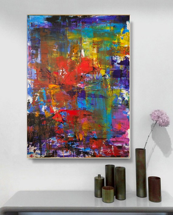 キャンバスアート　油絵 キャンバスに描かれたカラフルな絵画、オリジナルの抽象油絵、特大の