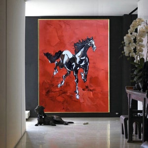 large abstract painting on canvas, horse wall art on canvas, large abstract art, red horse paintings, modern abstract painting canvas  EM466