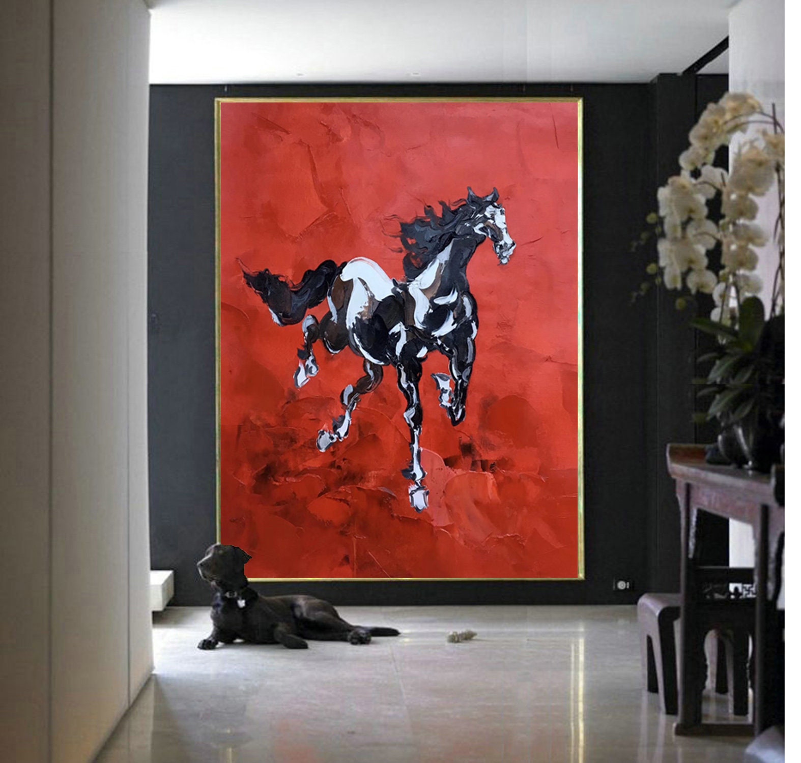 キャンバスに描かれた大きな抽象画、キャンバスに描かれた馬の壁アート