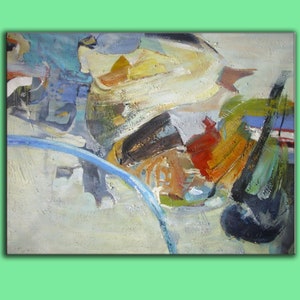 May include: Abstract painting with a mix of blue, green, yellow, red, and brown paint. The painting has a textured surface and a modern style.