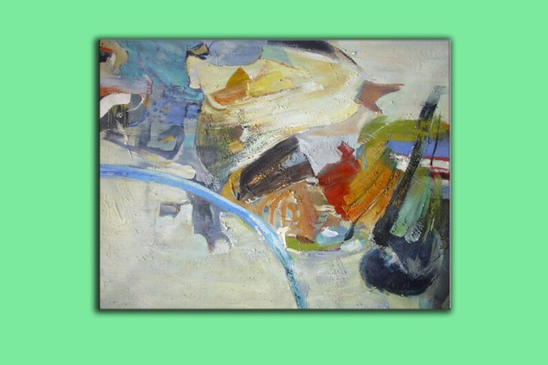 May include: Abstract painting with a mix of blue, green, yellow, red, and brown paint. The painting has a textured surface and a modern style.