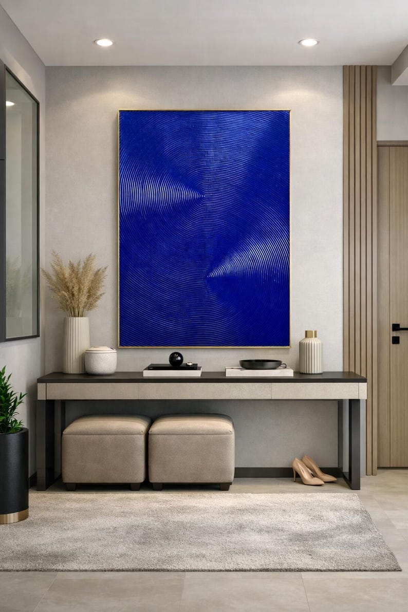Large Deep Blue Abstract Canvas Art – Original Textured Painting for Contemporary Interior Design EM194 image 2