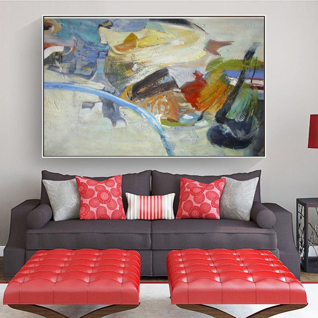 Large Abstract Contemporary Horizontal Painting on Canvas, Modern Wall Art Painting, Handmade