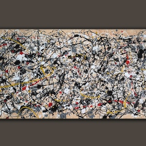 May include: Abstract painting with a beige background and black, white, yellow, and red paint splatters and lines.