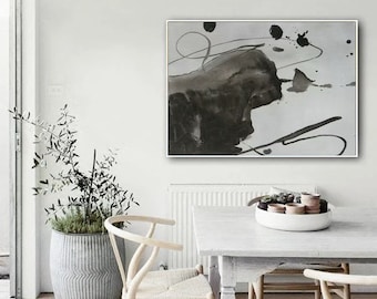 large original paintings on canvas, oversized wall art, large canvas art abstract, black and white painting, living room wall art EM48