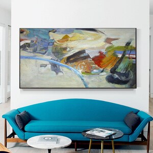 May include: Abstract painting with a mix of blue, green, yellow, red, and brown colors. The painting has a textured look and is framed in a black frame.