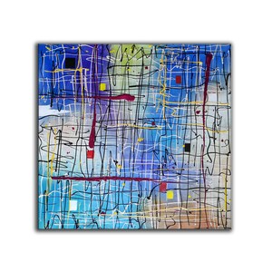 May include: Abstract painting with a blue, white, yellow, red, and black color scheme. The painting features a grid pattern with lines and squiggles in various colors.