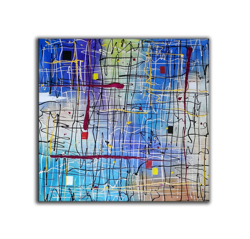 May include: Abstract painting with a blue, white, yellow, red, and black color scheme. The painting features a grid pattern with lines and squiggles in various colors.