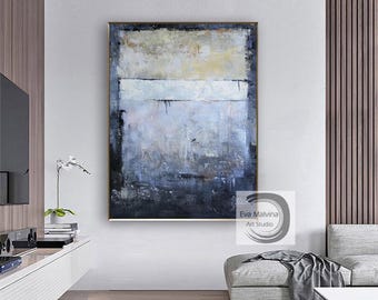 Dark Blue Abstract Art Large Blue Wall Art Navy Blue Painting Textured Wall Art Blue Painting on Canvas Living Room Wall Decor EM192
