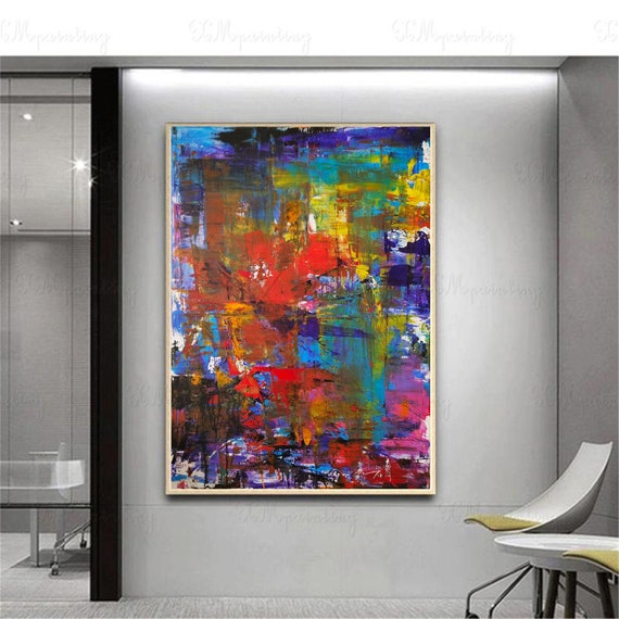 キャンバスに描かれたカラフルな絵画、オリジナルの抽象油絵、特大の