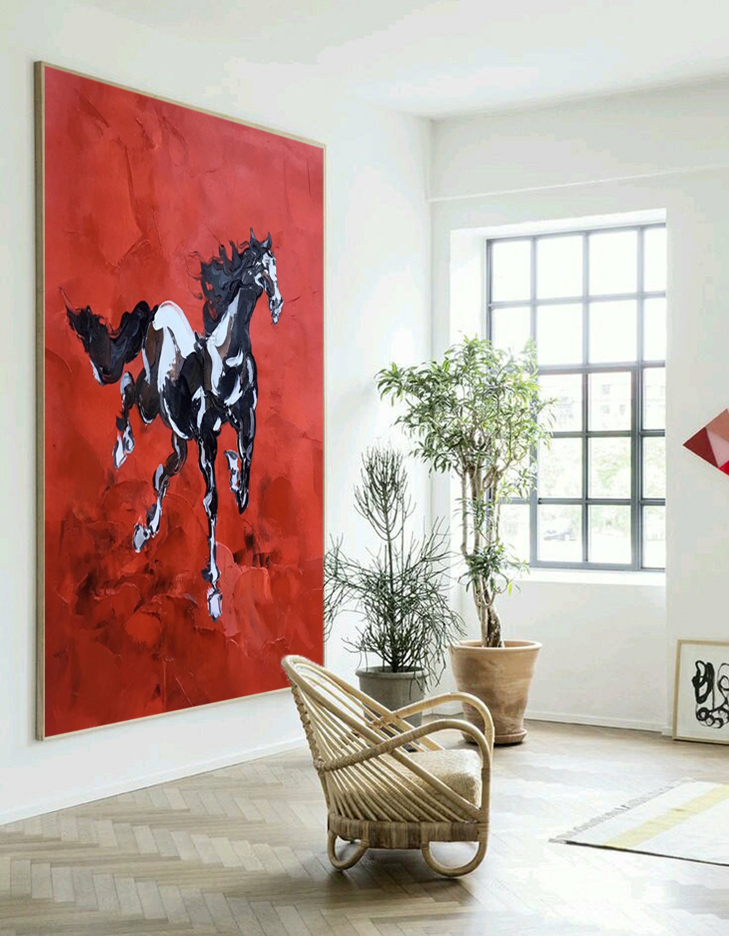 キャンバスに描かれた大きな抽象画、キャンバスに描かれた馬の壁アート