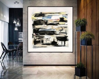 pintura al óleo grande sobre lienzo original, pintura negra, lienzo de pintura abstracta moderna, arte mural extra grande abstracto, pintura de dormitorio EM78