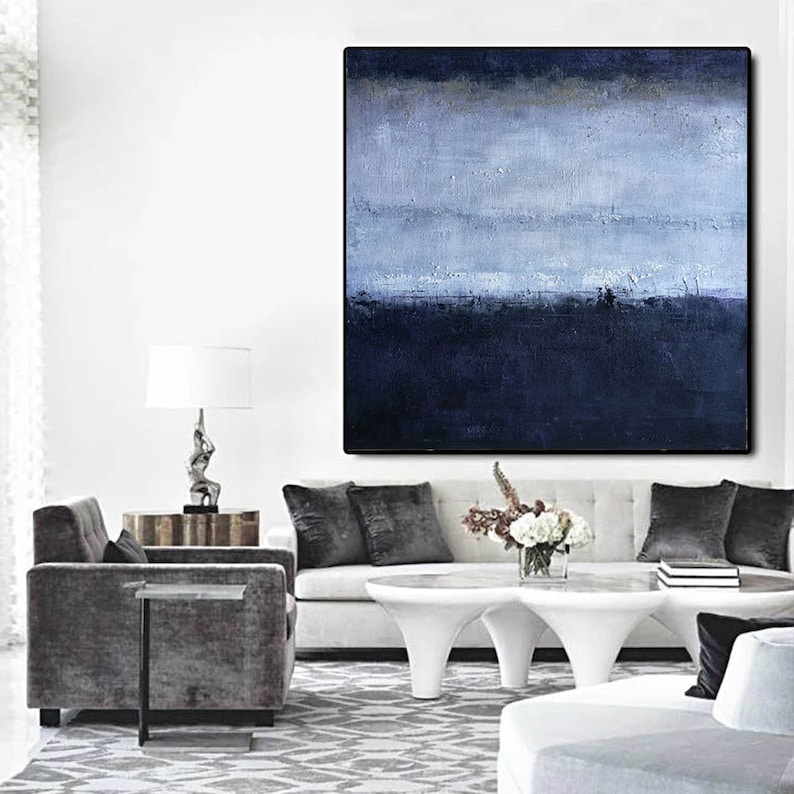 Dark Blue Painting on Canvas Extra Large Wall Art Abstract Etsy