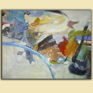 May include: Abstract painting with a mix of colors including blue, green, yellow, red, and brown. The painting has a textured surface and a variety of brushstrokes.