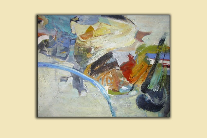 May include: Abstract painting with a mix of colors including blue, green, yellow, red, and brown. The painting has a textured surface and a variety of brushstrokes.