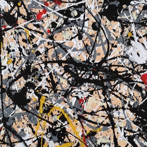 May include: Abstract painting with black, white, red, yellow, and gray paint splatters on a beige background.