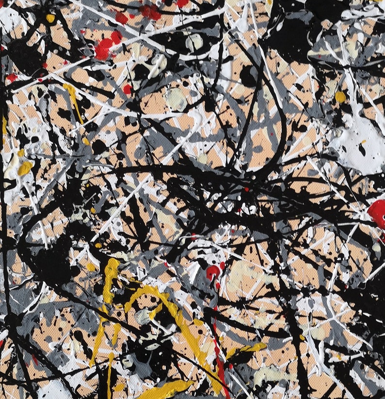 May include: Abstract painting with black, white, red, yellow, and gray paint splatters on a beige background.
