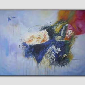 May include: Abstract painting with a blue, white, and black color scheme. The painting has a textured surface and a variety of shapes and forms.