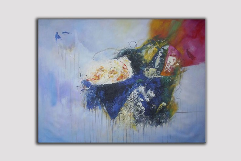 May include: Abstract painting with a blue, white, and black color scheme. The painting has a textured surface and a variety of shapes and forms.