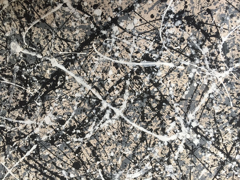 May include: Abstract painting with black, white and grey paint splatters and lines on a beige background.