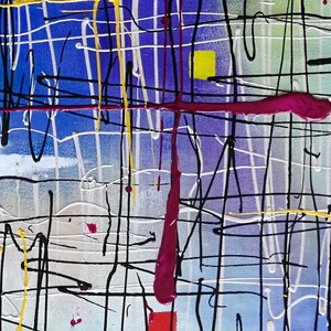 May include: Abstract painting with a colorful, layered design. The painting features a variety of colors, including blue, purple, yellow, white, black, and red. The colors are applied in a loose, gestural style, creating a sense of movement and energy.
