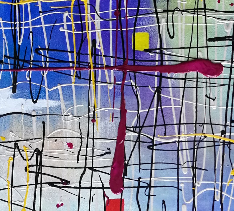 May include: Abstract painting with a colorful, layered design. The painting features a variety of colors, including blue, purple, yellow, white, black, and red. The colors are applied in a loose, gestural style, creating a sense of movement and energy.