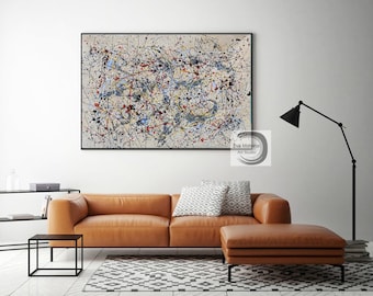 Original Beige Abstract Painting, Jackson Pollock Style Acrylic Canvas Art EM976