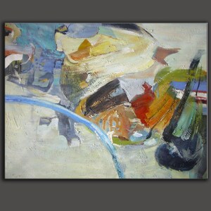 May include: Abstract painting with a mix of blue, green, yellow, orange, red, and brown paint. The painting has a textured surface and a white background.