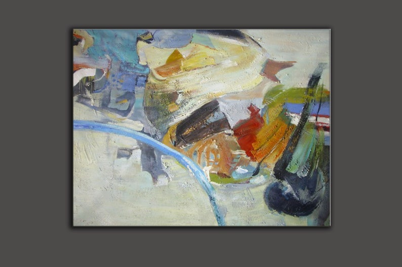 May include: Abstract painting with a mix of blue, green, yellow, orange, red, and brown paint. The painting has a textured surface and a white background.