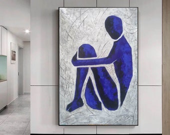 extra large wall art abstract painting, original oil painting abstract, oversized canvas wall art, modern abstract art, blue painting  EM916