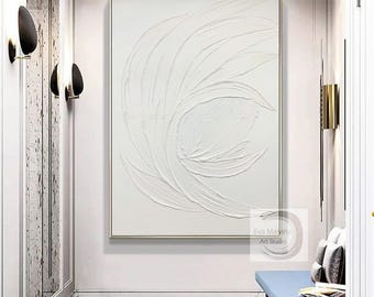 Original White Textured Abstract Painting – Handmade Minimalist Canvas with Sculptural Organic Lines EM144
