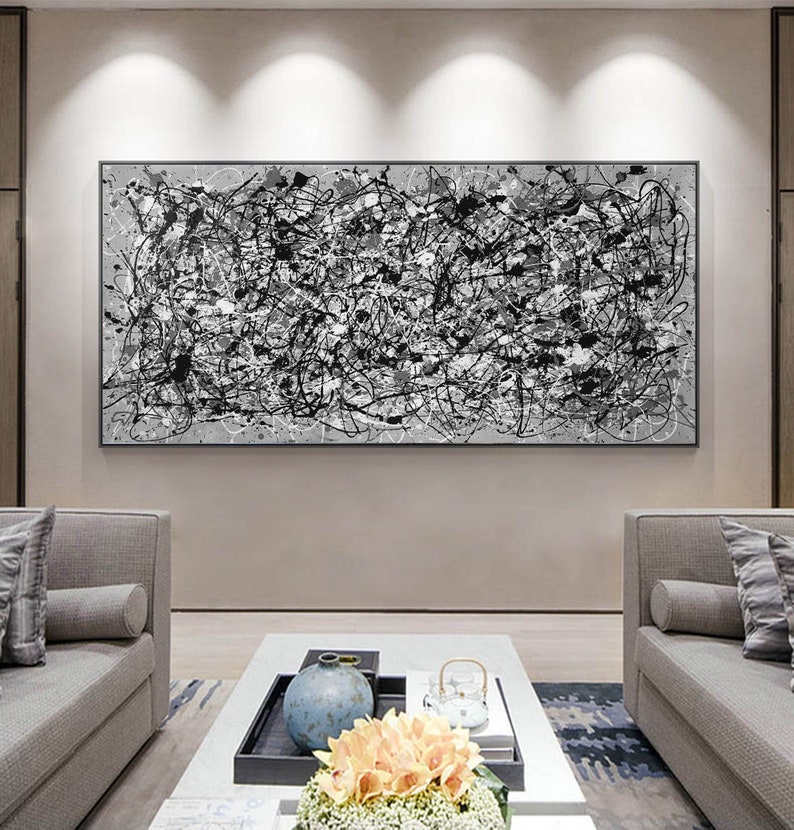 Large Abstract Wall Art, Black and White Painting on Canvas, Modern ...