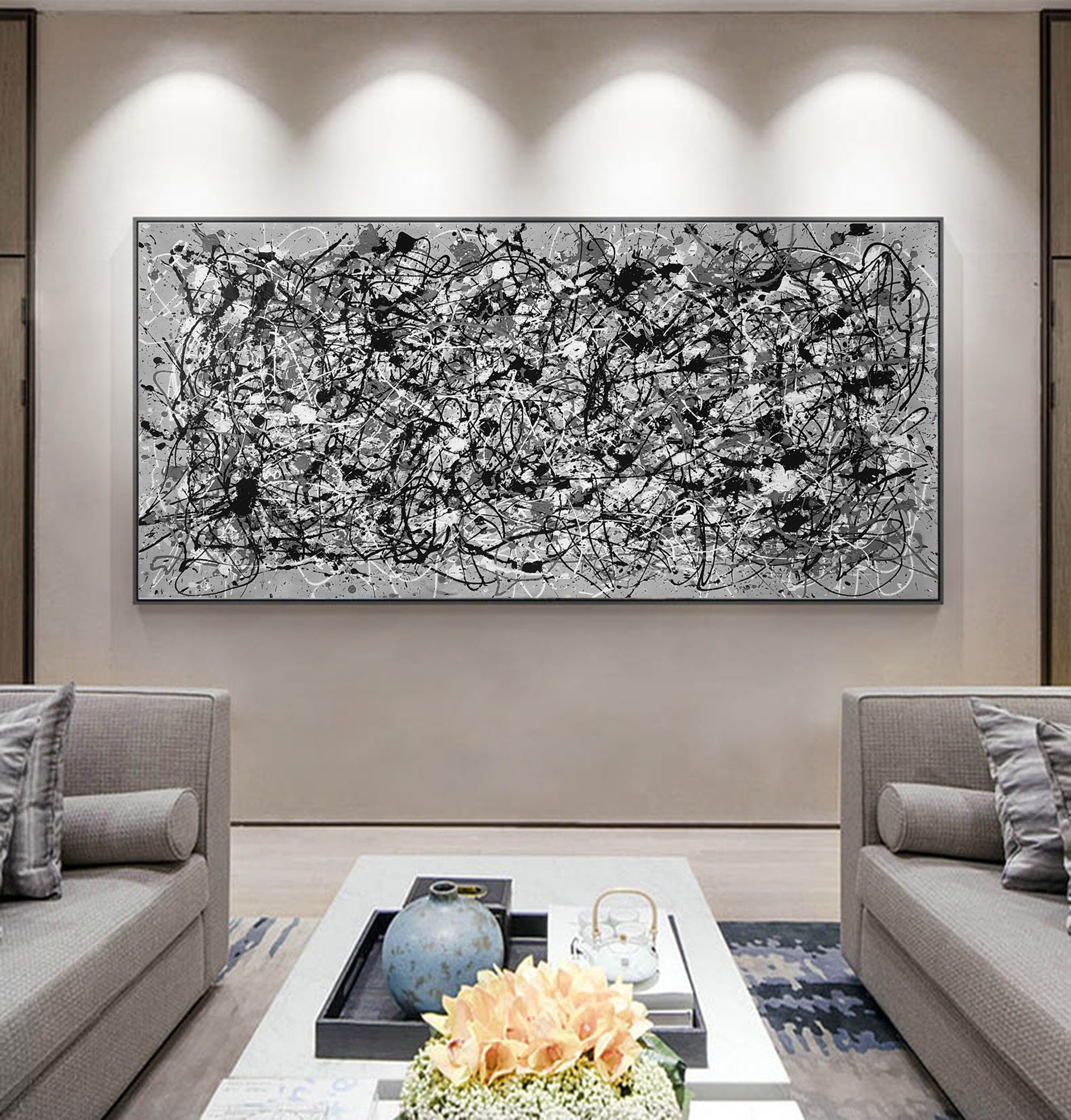 Large Abstract Wall Art, Black and White Painting on Canvas, Modern ...