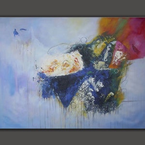 May include: Abstract painting with a blue, green, white, orange, and pink color scheme. The painting features a large, dark blue and black shape in the center, surrounded by smaller shapes and splashes of color.