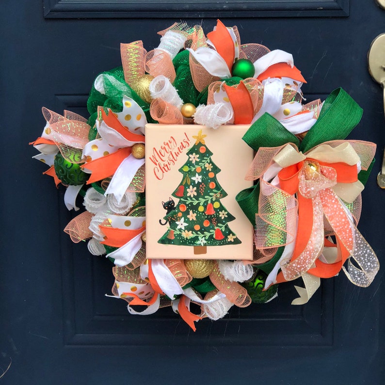 Door Decor Christmas Wreath Holiday Wreath Non Traditional Orange And Green Wreath For Christmas Door Hanger Front Door Wreaths Wreaths Home Living Vadel Com