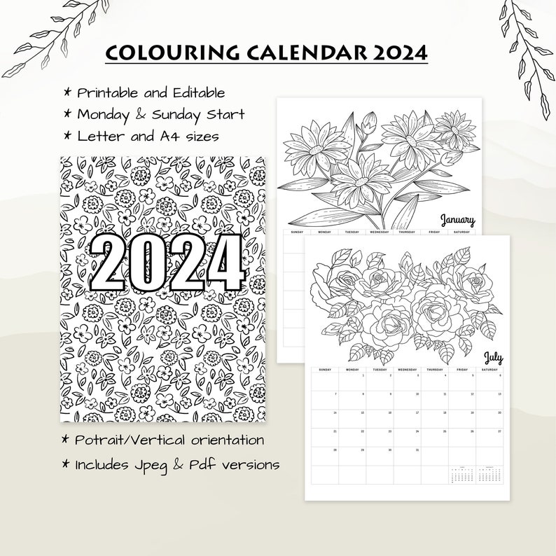 Colouring Pages Calendar 2024 Printable and Editable Monthly Calendar