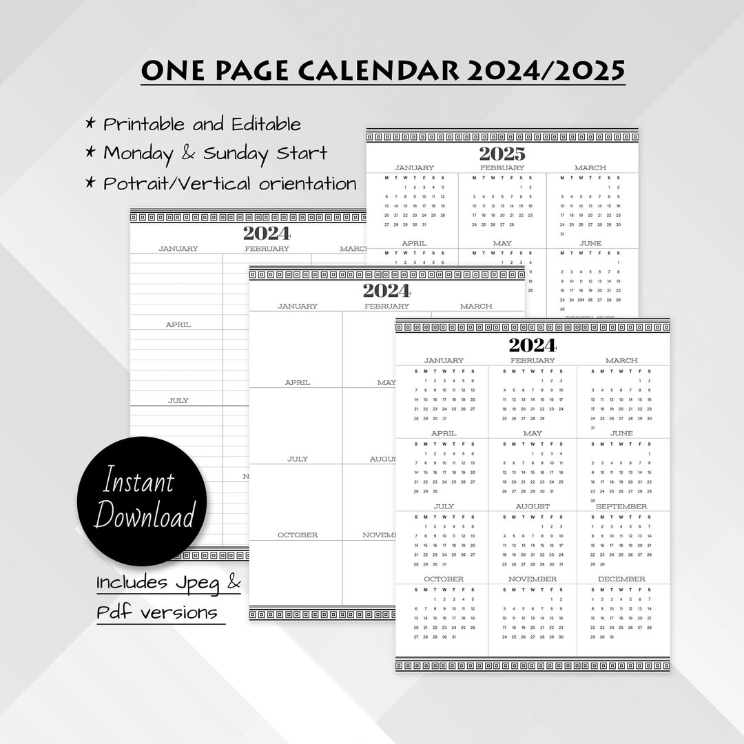 Printable One Page Calendar 2025/2025 A4 and Letter Sizes Sunday and