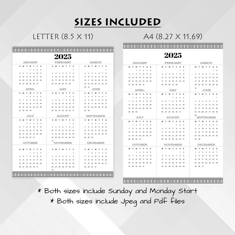 Printable One Page Calendar 2024/2025 A4 and Letter Sizes Sunday and Monday Start Portrait Etsy