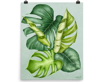 Monstera Leaves Art Print | Monstera Leaves Illustration | Tropical Leaves Print | Monstera Wall Art Print