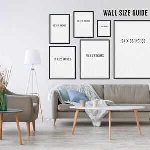 Wall art size guide showing common print dimensions to help visualize scale for Urdu poetry art prints.