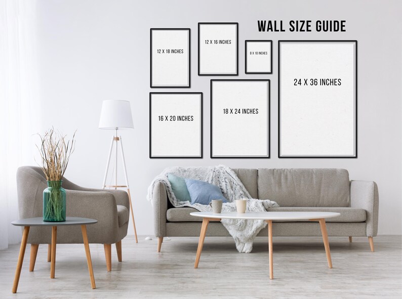 Wall art size guide showing common print dimensions to help visualize scale for Urdu poetry art prints.
