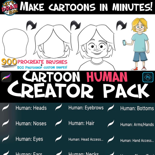 Cartoon Human Creator Pack: 900 Brushes for Procreate, 900 Custom Shapes for Photoshop, 900 .PNGs by BeeJayDeL