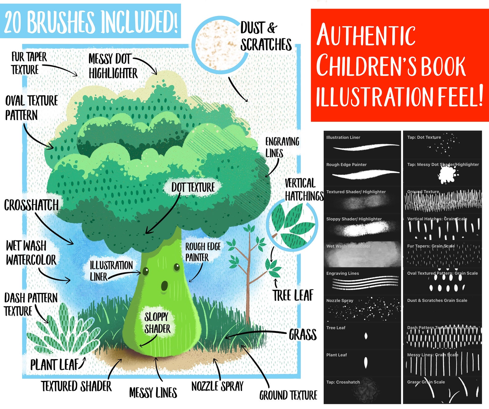 Children's Book Illustration Style Pack for Procreate: 20 | Etsy