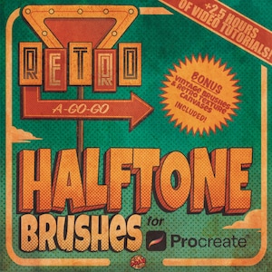 Op de afbeelding: Retro-thema digitale kunstafbeelding met de woorden "Retro Halftone Brushes for Procreate". De afbeelding toont een vintage bord met het woord "Retro" en een pijl die naar "A-Go-Go" wijst. Inclusief bonus vintage penselen en retro textuur canvas.