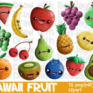 Kawaii Obst Clipart - volle kommerzielle Rechte / PNG / JPEG / PDF / 15 Food Designs / Instant Download